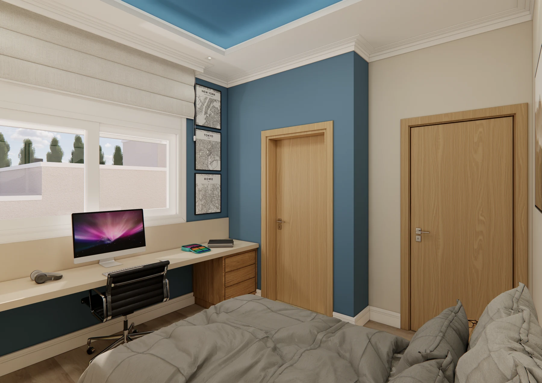 Quarto com bancada de estudo