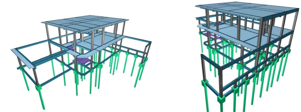Modelo estrutural em 3D de uma residencia, com pilares, vigas e lajes